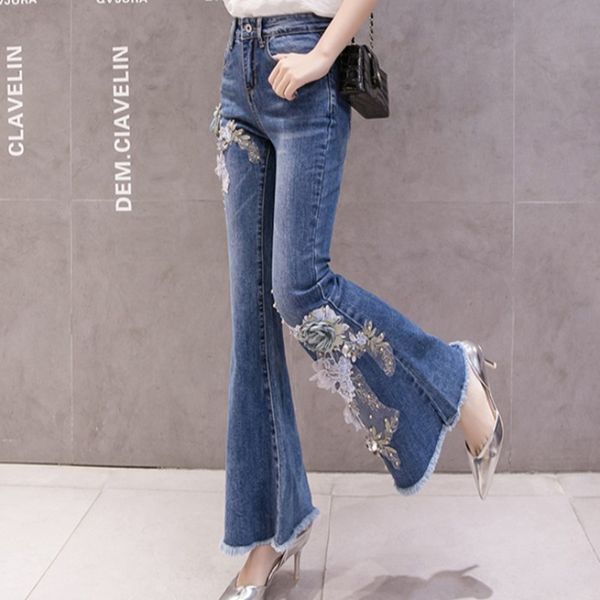 

denim embroidery 3d flower pants korean jean flare pants female, Blue