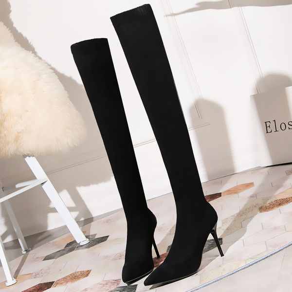 

knitting socks boots woman pointed toe over the knee boot ladies 9cm high heels shoes casual zapatos de mujer black gray