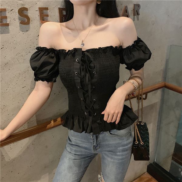 

blouses korean style women's clothing fashion brand new summer sweet beauty crop short sleeve slash neck off shoulder shirts, White