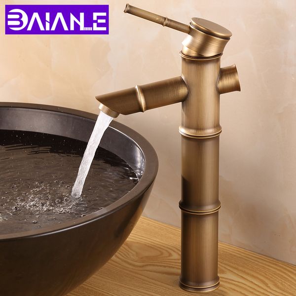 

bathroom faucet antique brass basin sink faucet waterfall tall bamboo hot cold mixer water tap single hole 2 pipe wc taps