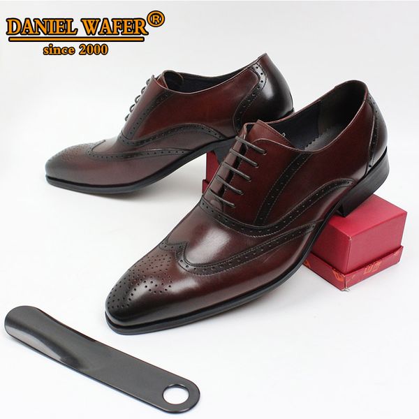 

new fashion italian leather shoes men lace up wing tip burgundy wedding business brogue formal shoes men oxfords for, Black