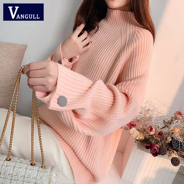 

vangull knitted women sweater fashion loose half turtleneck solid pullovers 2019 new winter batwing sleeve button women sweater, White;black
