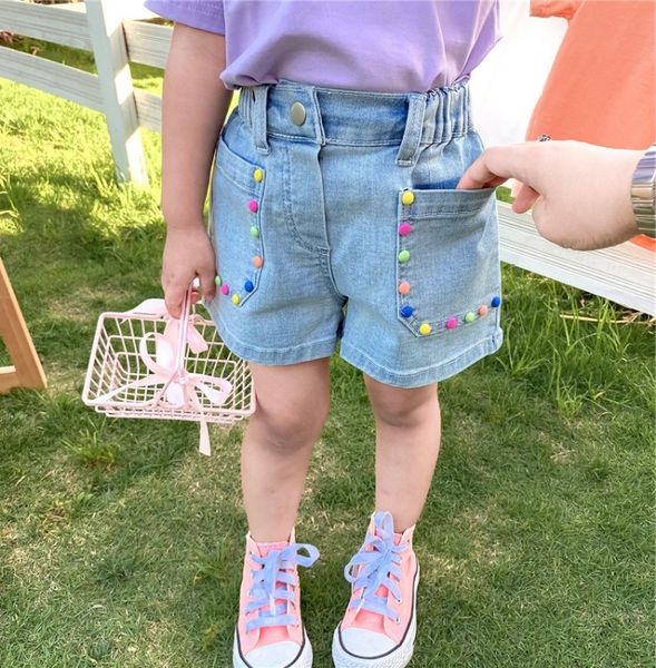 

zyjvn girls' denim children's big pocket rivet and buckle loose pants girls' denim children's big pocket rivet shorts an, Blue