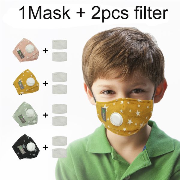 

dhl shipping children cartoon mask with breathable valve 2pcs pm2.5 filters adjustable cotton earloop star print kids dustproof mask l263fa