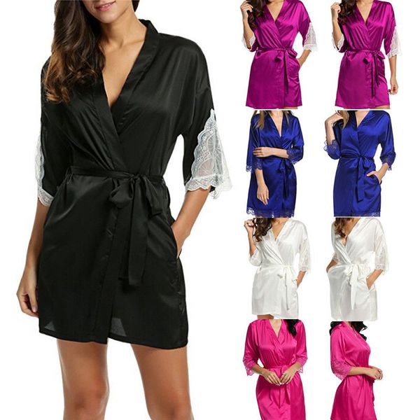 

2018 summer new style fashion women's oblique v-neck bathrobes short kimono mini robe solid silky lace dress, Black;red