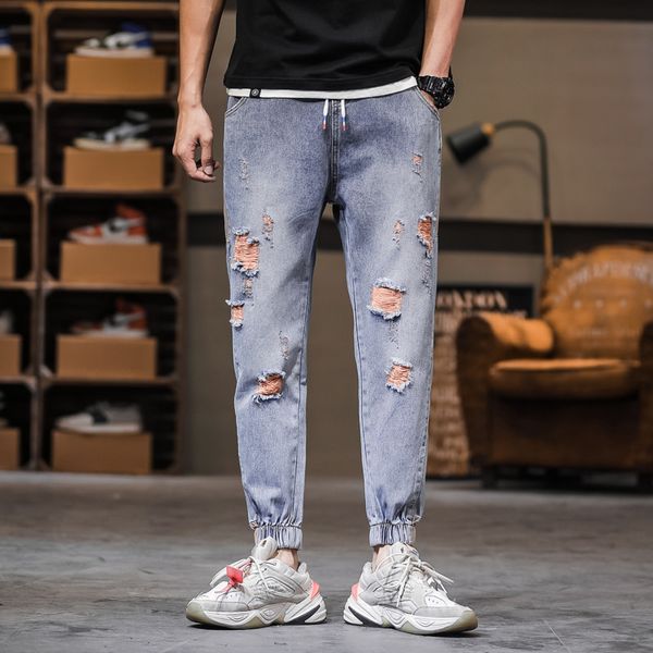 

рваные джинсы мужская тонкая мода контрастный цвет ретро джинсовые брюки мужчины уличная дикая хип-хоп отверстие джинсовые брюки мужские -5, Blue