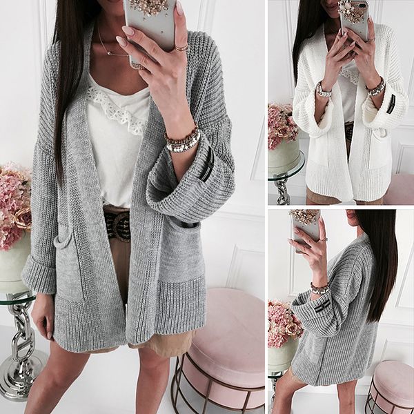 

2019 autumn long knit cardigan with pocket casual solid knitted sweater women open front pull femme casaco feminino plus size, White