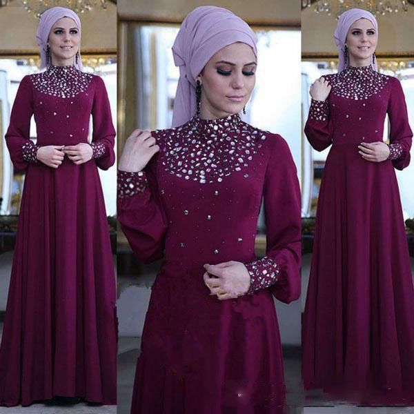 

arabic muslim prom dresses with beaded collar long sleeves floor length a line elegant evening dress custom made, Black;red