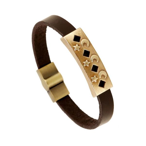 

vintage retro star moon genuine leather wristbands alloy bronze charm casual bangle wrap women men fashion jewelry, Black
