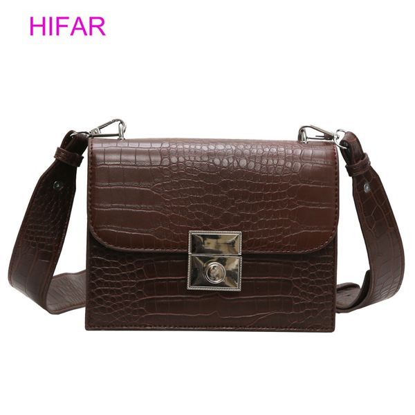 

new style retro crocodile pattern pu leather small square bag fashion simple shoulder slung female bag wide shoulder strap 2019