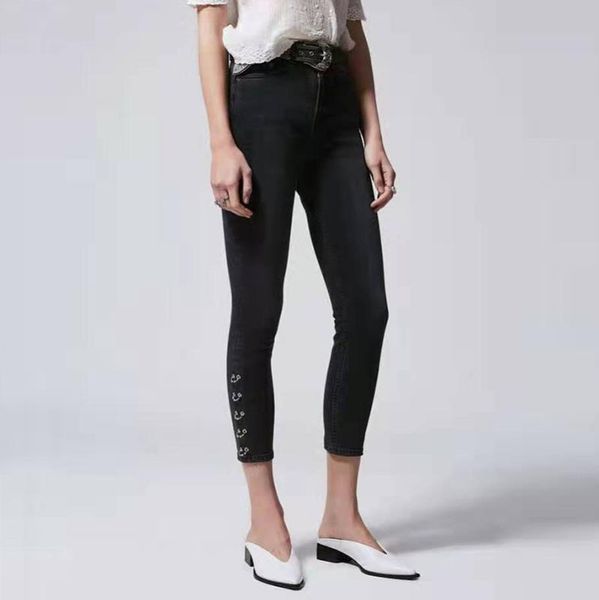 

women jeans 2020 autumn and winter new women's fashion side metal ring perforated stretch nine points jeans women, Blue