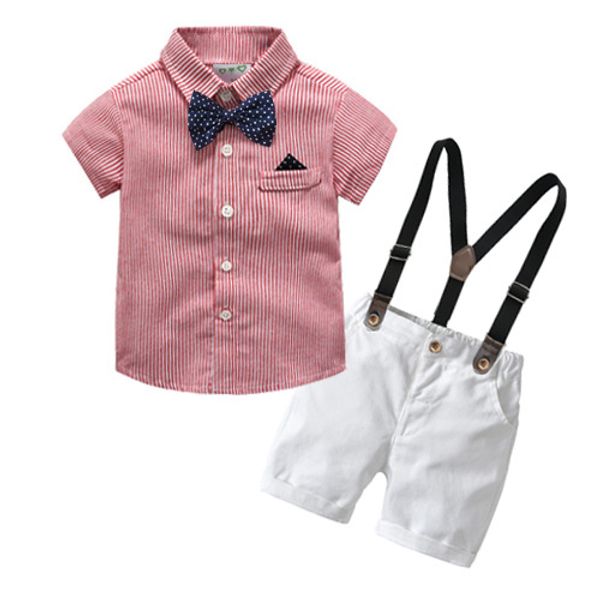

boys cotton striped short-sleeve shirt white shorts denim childrens baby gentleman suit years old gown, Blue