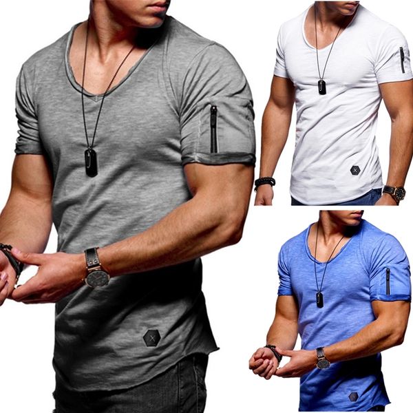 

2020 new v collar t shirt men fitness bodybulding t shirts high street summer short sleeve zipper t-shirts plus size s-5xl, White;black