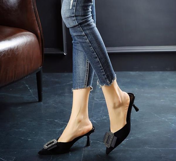 

early spring new pointed stiletto heels baotou slippers mid-heel temperament rhinestones fashion shoes, Black