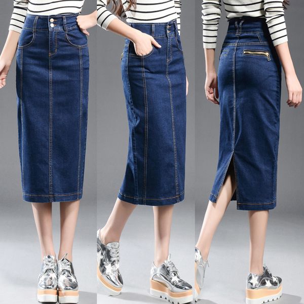 

new 2019 denim skirt women plus size casual high waist denim skirts pencil patchwork stretch slim hip jean skirt long 8xl, Black;gray