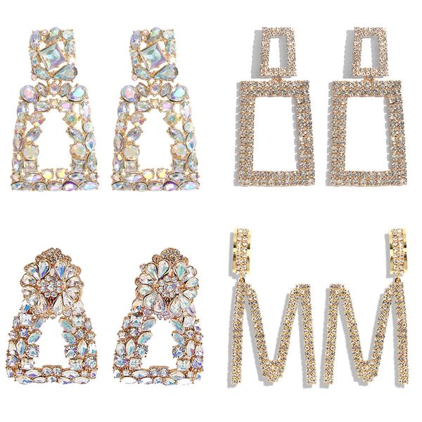 

just feel new shiny crystal statement earrings for women geometric square letter rhinestone dangle drop earrings fashion jewelry, Silver