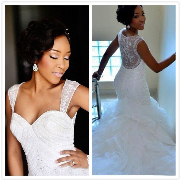 

2019 nigeria sweetheart mermaid wedding dress lace appliques ruffled bridal gowns see-through backless gorgeous wedding dress, White