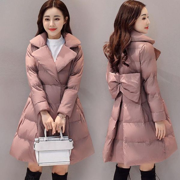 

womens winter long slim coats female bow jacket parkas, Black