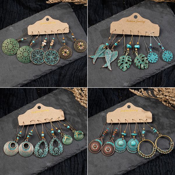 

vintage big flower leaf earring set female statement jewelry ethnic bohemia long bronze handing dangling drop earrings for women, Silver