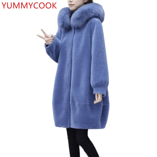 

fashion loose sheep shearing solid color coat female 2018 winter medium length hooded fur collar women's clothing fur coat a568, Black