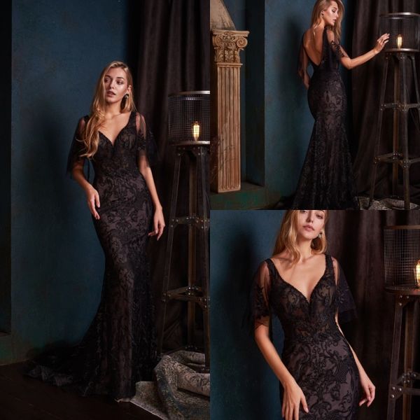 

2019 latest prom dresses v neck lace appliques backless charming mermaid evening wear sweep train party gowns special occasion dresses, Black