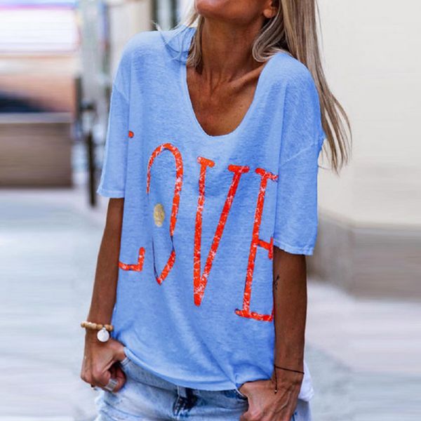 

2019 new women's casual love letter print short sleeve shirt ladies casual blouse ladies girl women, White