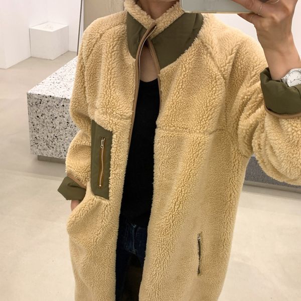 

2019 spring and autumn fashion lamb velvet collar with zippered trench coat women street style open stitch loose casual trench, Tan;black