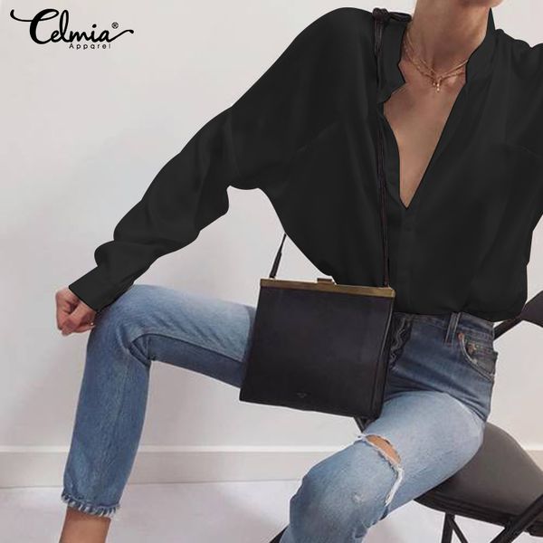 

celmia white black office lady elegant shirts women's blouse 2019 casual long batwing sleeve buttons blusas plus size