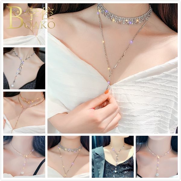 

boako bling rhinestone necklace women zircon chain necklace sparkling crystal chokers glitter party korea girl colar z5, Silver