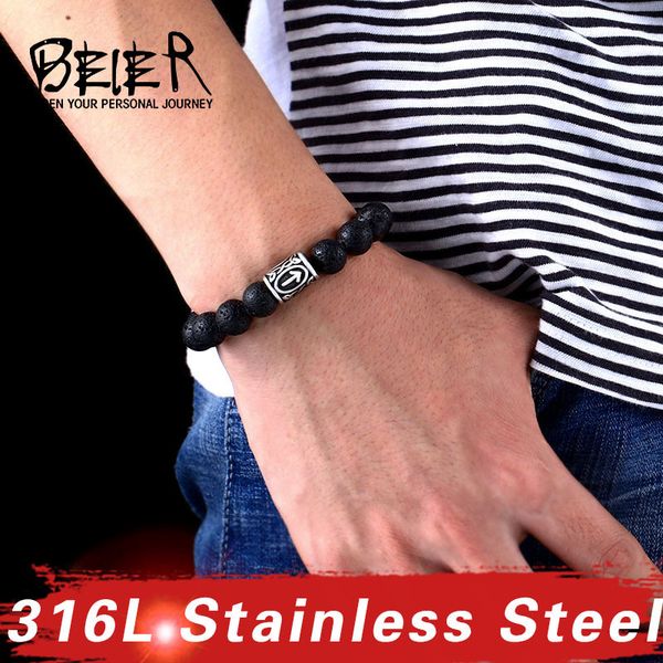 

beier 316l stainless steel 10mm lava volcanic stone norse viking beads essential oil diffusing bracelets bangles, Black