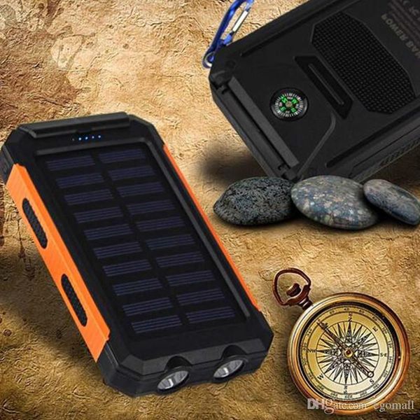 

waterproof solar power bank 10000mah solar battery charger bateria externa portable charger powerbank with led light compass