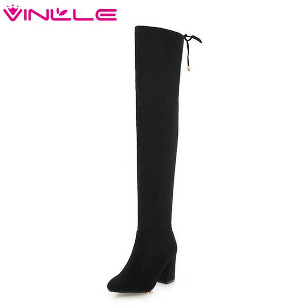 

vinlle 2019 women shoes over the knee boots flock high heel classic lace up pointed toe ladies motorcycle shoes size 34-43, Black