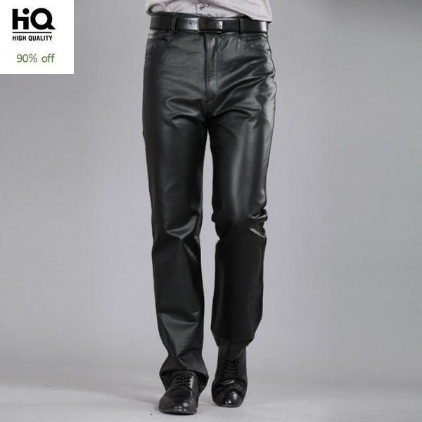 

повседневные брюки мужчины натуральная кожа зима уличная корейская мода флис подкладка брюки мотоцикл овчина прямой теплый мужской, Black