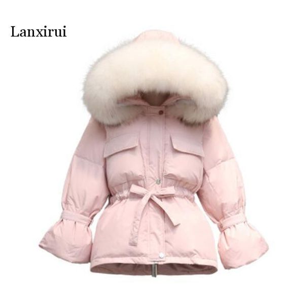 

winter women white duck down thick jacket pockets large fake raccoon fur hooded coats warm flare sleeve down loose parkas, Black