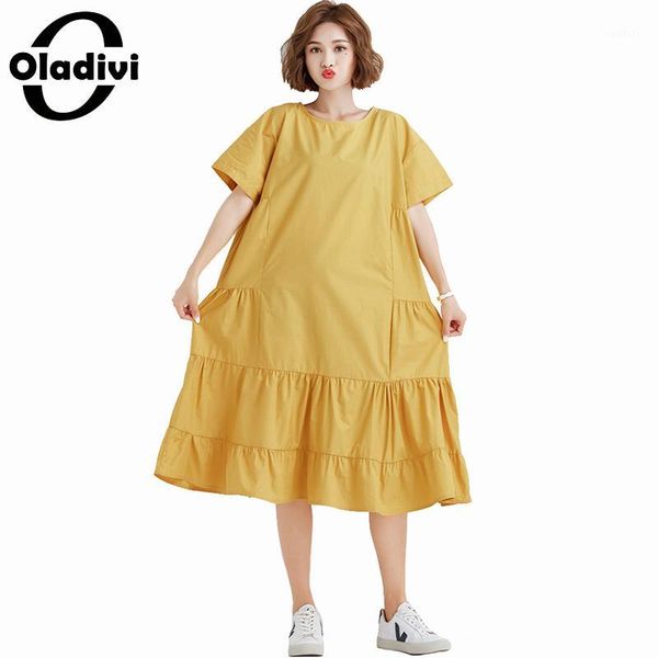 

oladivi brand plus размер лето 2019 новые женские повседневные платья дамы с коротким рукавом свободные midi платья женские vestidos feminio, Black;gray