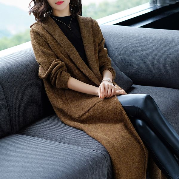 

2xl 3 colors brand coat fall winter women hooded coat new solid color open stitch knit thicken warm casual long female, Black