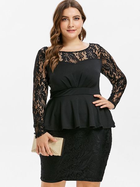 

wipalo plus size 5xl lace panel peplum dress elegant long sleeves black party dress women bodycon vintage office vestidos y190425, Black;pink