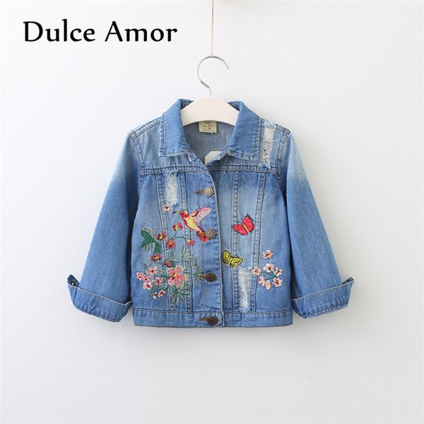 

dulce amor girls denim coat outerwear 2018 autumn winter kids long sleeve embroidery birds butterfly flower hole jeans jacket, Blue;gray