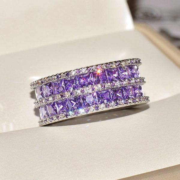 

luxury purple shiny zircon ring for women bridal wedding engagement promise female fashion jewelry size 6 to 10, Golden;silver