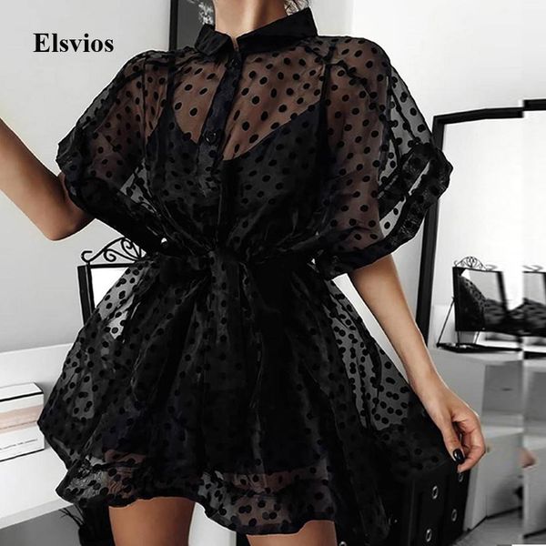

polka dot print mesh bandage mini dress elegant lady turn-down collar shirt party dress spring summer women short sleeve dresses, Black;gray