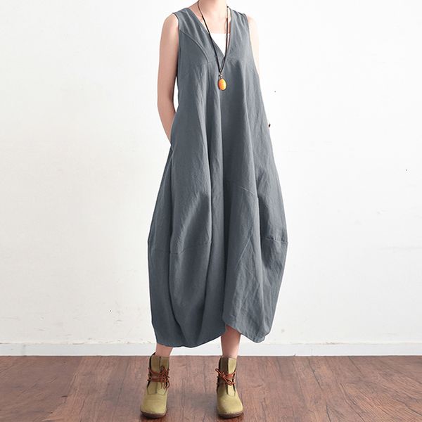 

2019 summer elegant women v neck sleeveless cotton linen long dress solid baggy casual lace up backless vestido plus size, Black;gray
