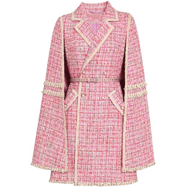 

small fragrance tweed cloak woolen coat women pink double breasted slim wool blend overcoat, Black