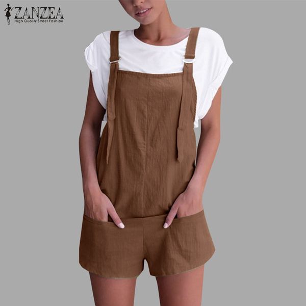 

zanzea 2019 linen rompers womens jumpsuit summer strap overalls female casual pants sleeveless short playsuit solid bodysuits, Black;white