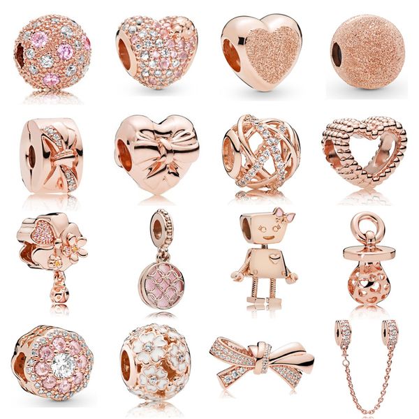 

925 sterling silver rose gold color charms with cz heart robot charm pendant clip ser charms fit original pandora bracelet