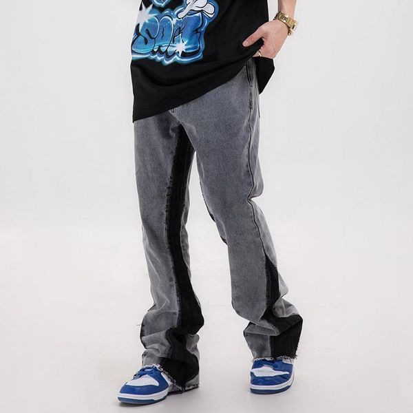 

streetwar retro denim flare pants men and women loose washed ripped jeans trousers hip hop baggy spliced jean pants, Blue