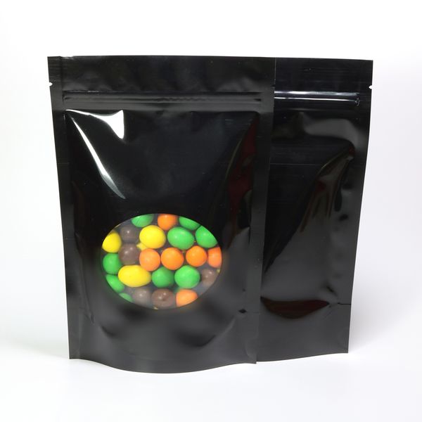 

various sizes 100pc glossy black aluminum foil mylar package bags with oval window, stand up zip lock food storage bags