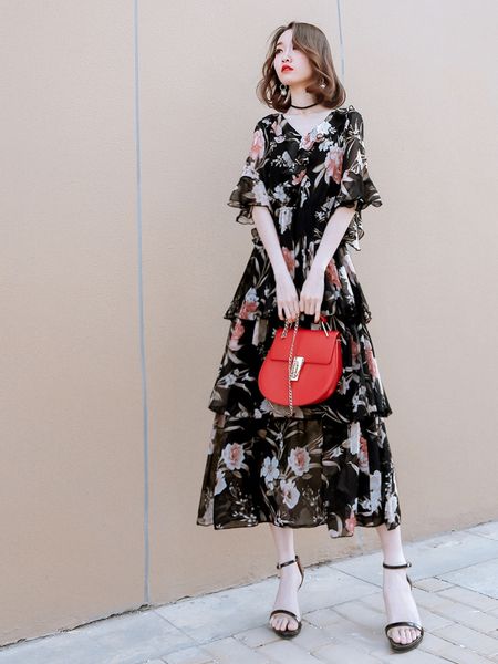 

summer 2009 new multi-tier cake skirt with slender waist and slender waist clothing black size s-3xl chiffon mid-waist v-neck dress, Black;gray