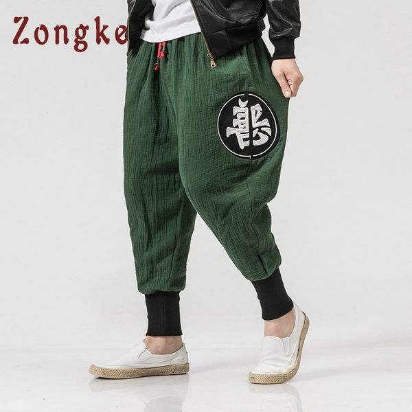 

zongke chinese style cotton linen embroidery cross-pants men sweatpants man casual harem pants men hip hop streetwear pants 2019, Black