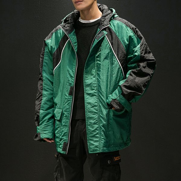 

2018 winter korean edition new male even hat cotton-padded clothes casual loose thickened patchwork contrast color work coat, Black