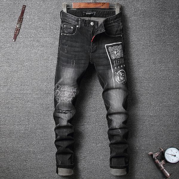 

урожай проблемных джинсы мужского дизайнер евро американской улицы мода печать хип-хоп тонкий панк черные джинсы, Blue